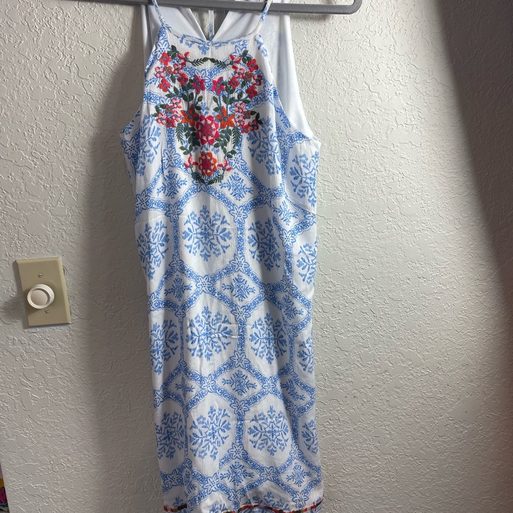 THML Blue Floral Embroidered Halter Neck Sundress Sz S
